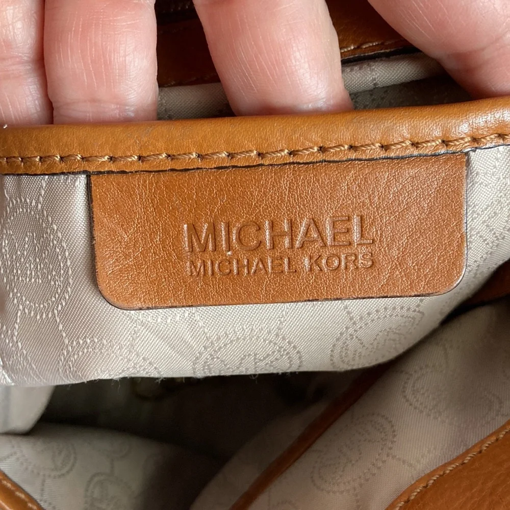 Michael Kors Beige Monogram Satchel with Tan Leather Trim
